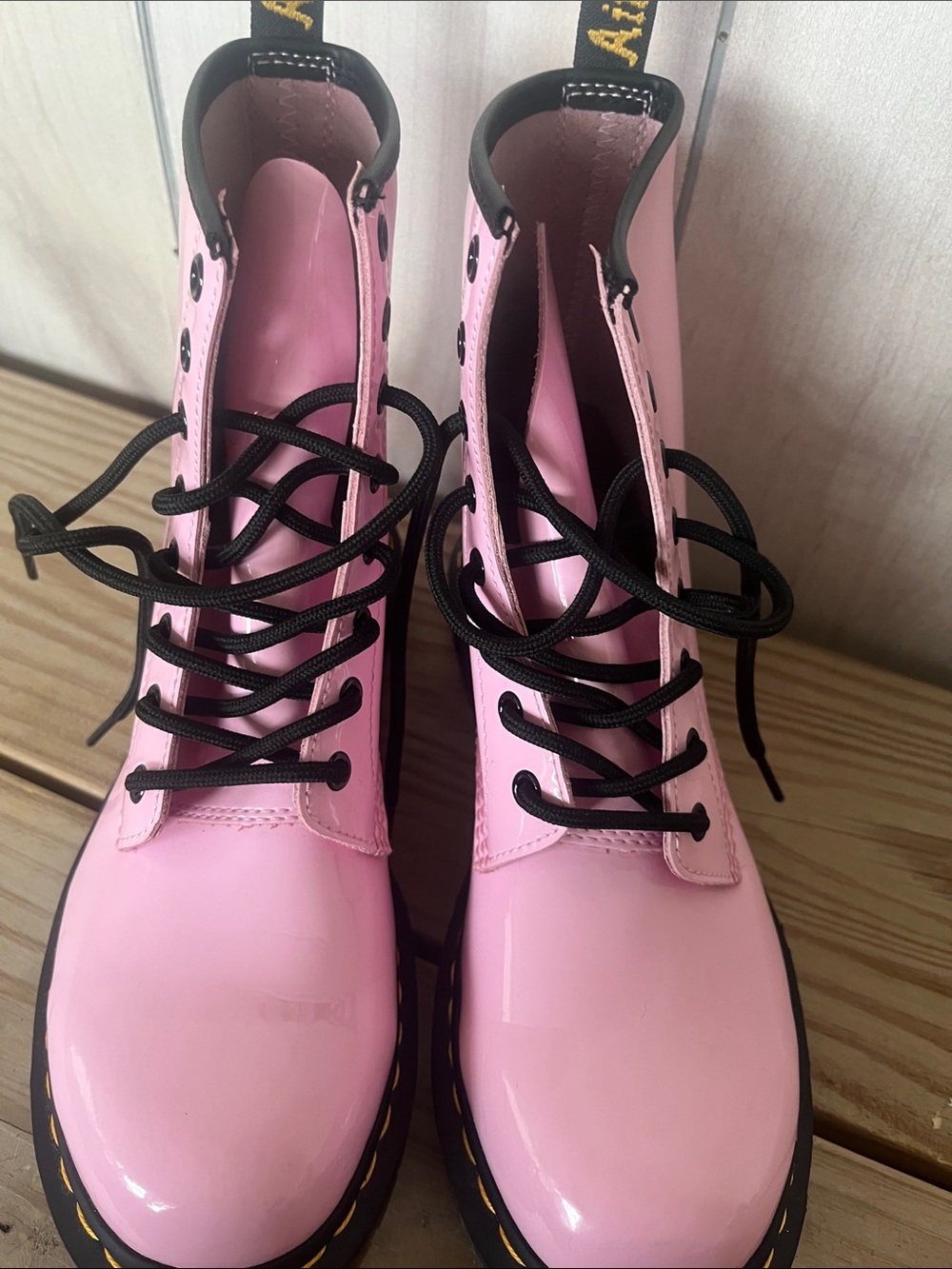 Dr. Martens Glossy Pink Lace-Up Combat Boots - Picture 12 of 13
